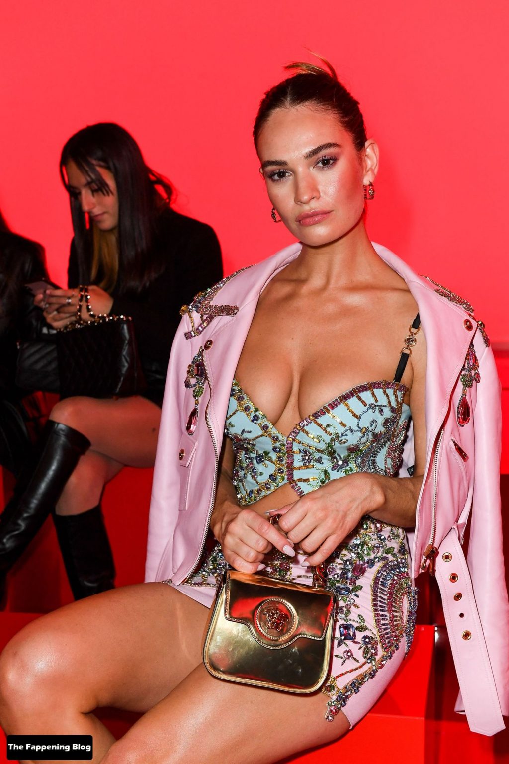Lily James Sexy The Fappening Blog 7 1024x1537 - Lily James Shows Off Her Sexy Tits, Legs & Underwear at the Versace Fashion Show in Milan (33 Photos)